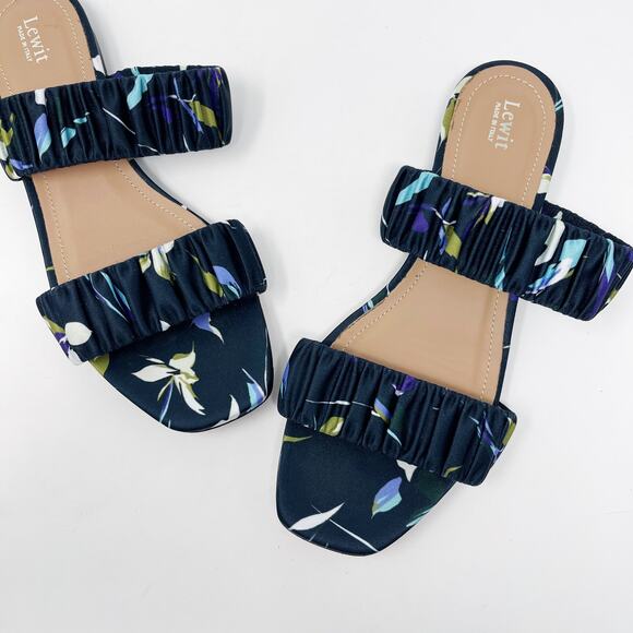 Lewit Size 36.5 Navy Blue Elena Floral Square Toe Sandals Satin Slide Ruched 6.5 - Picture 1 of 13